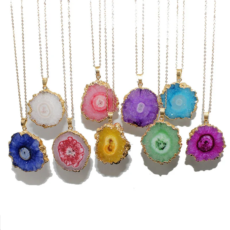 

Natural Sun Druzy Necklace Irregular Shape with Gold Bezel Pendant Charms Goldtone Plating One Hook Assorted Design