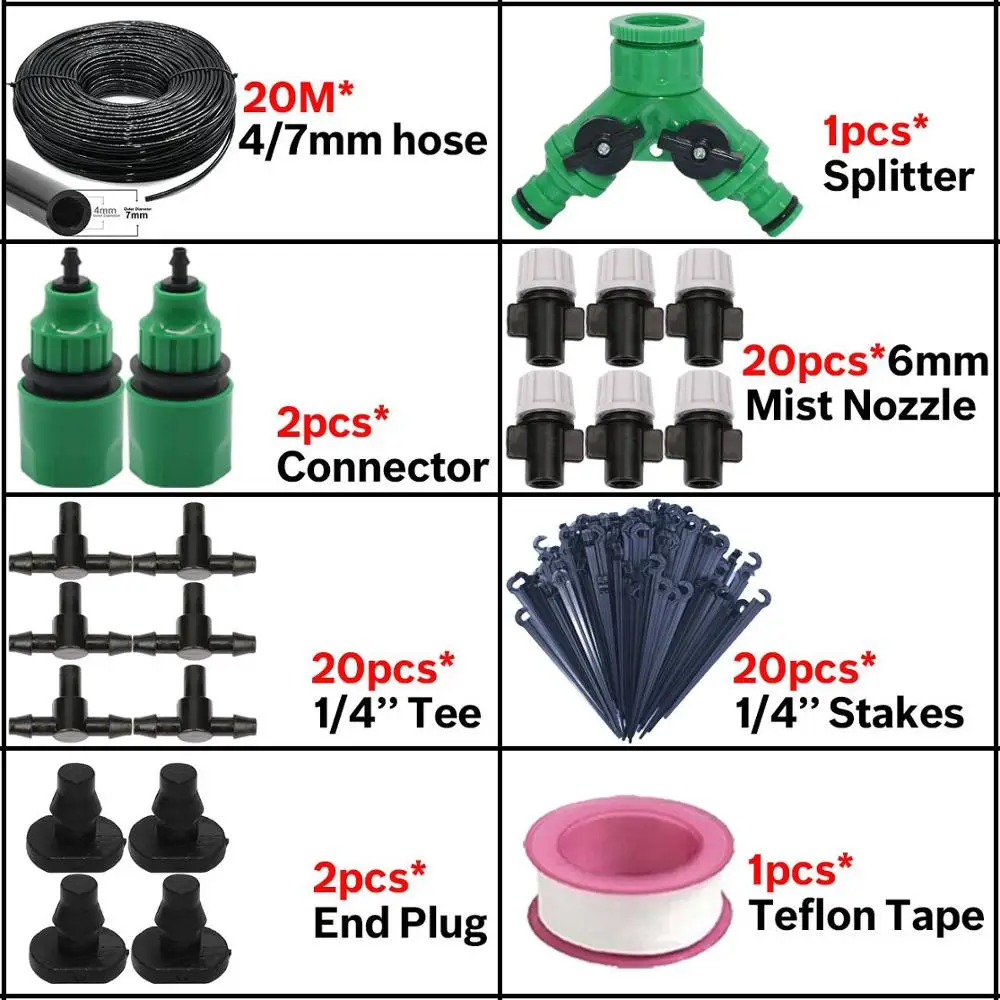 5 м/50 м, садовый капельный полив, набор для орошения, система для теплицы с 4/7 мм шлангом, 4-полосный разветвитель, разбрызгиватель, тройник - Цвет: KSL01-KIT069-20M