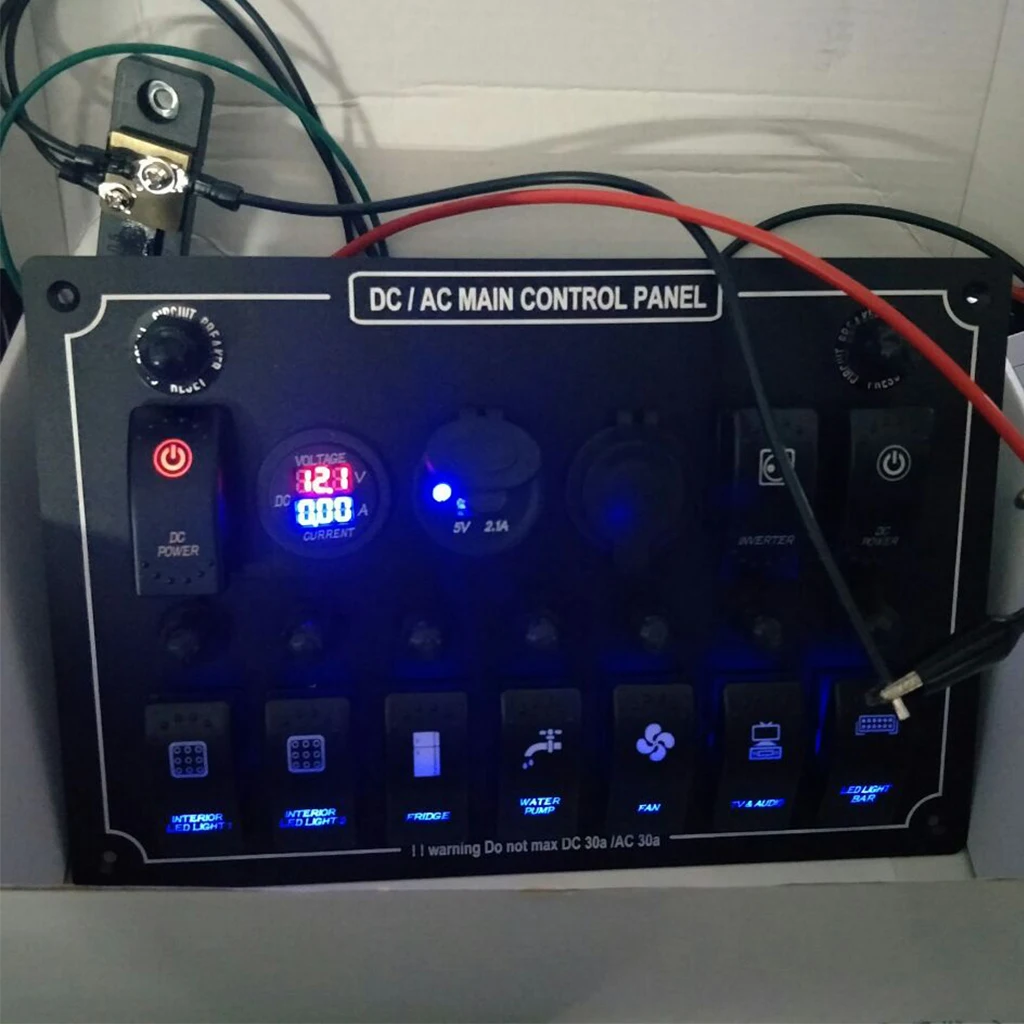 10 банд красный кулисный переключатель панель с 2.1A+ 1A USB и 12V светодиодный вольтметр