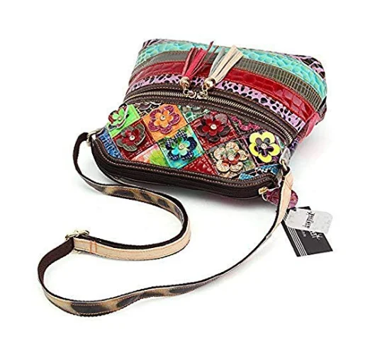 Women Multicolor tassel handbag Small Bag Genuine Leather Colorful Floral Shoulder Bag Cross body Mini Shopping Bag