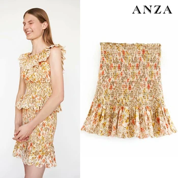 

Za Women Skirt with High Wasit Floral Print Chiffon Sexy Holiday Yellow Miniskirt