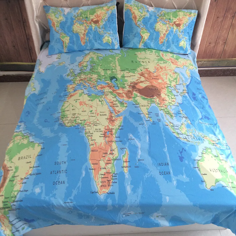 World Map Print Bed Linen Home Textile Bedding Sets Bed Sheet Pillowcase Bedclothes Queen King Size Duvet Cover