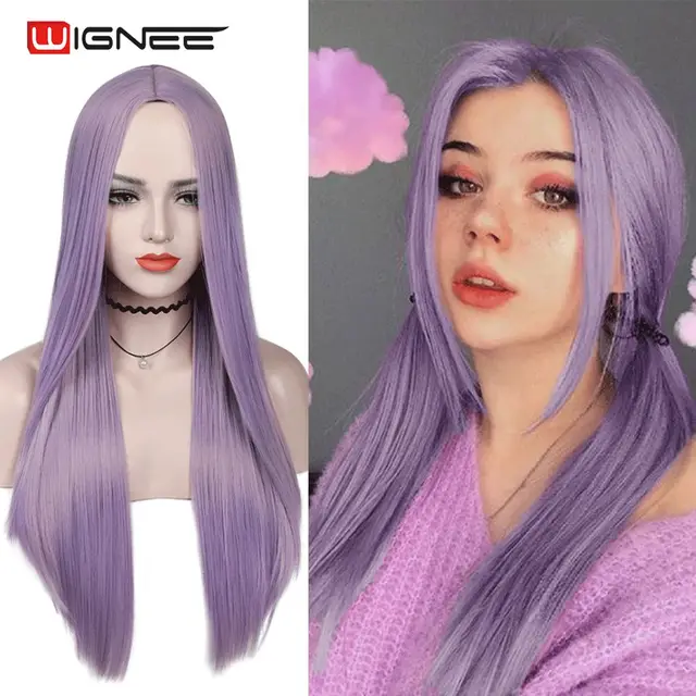 Wignee Long Natural Straight Wig Blonde Middle Part Cosplay Party Lolita Synthetic Wigs for Women Heat Resistant Fiber Light Purple