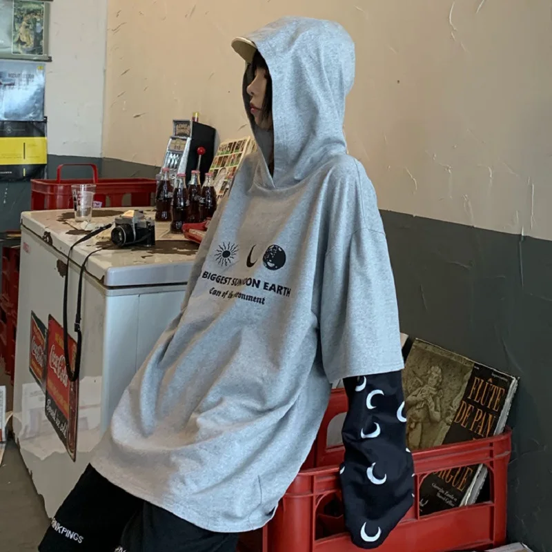 Корейский ins Harajuku ретро принт с Луной с длинными рукавами винтажная Женская Осенняя модная уличная Свободная Женская толстовка с капюшоном