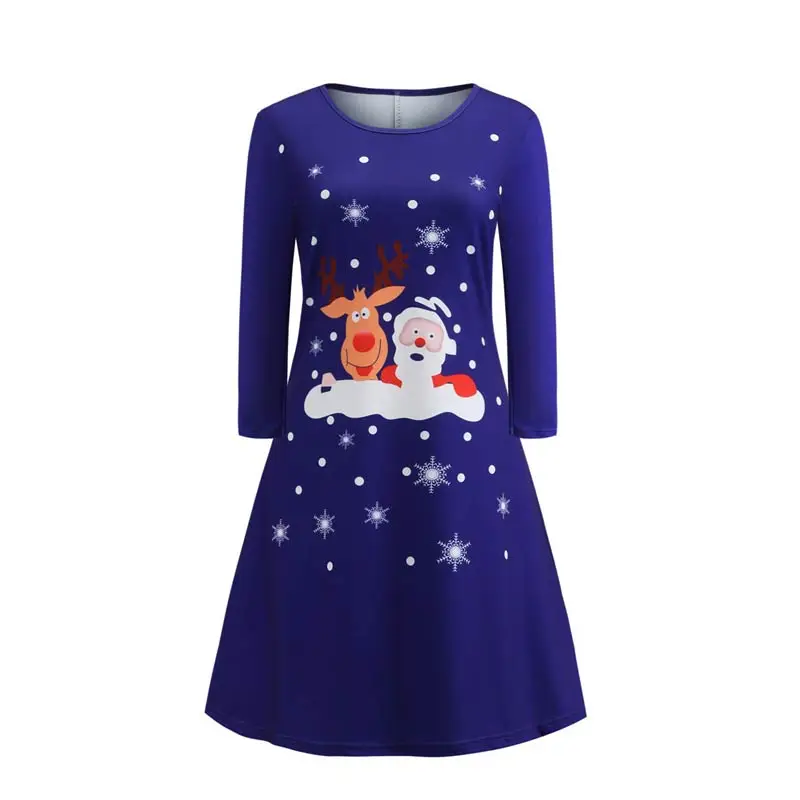 OTEN/ зимнее рождественское женское платье с длинными рукавами и круглым вырезом, мини-платье трапециевидной формы, винтажный осенний свободный праздничный костюм, Femme, повседневный - Цвет: Blue