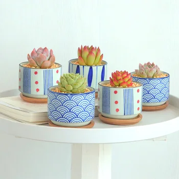 

3Pcs/Set With Bamboo tray Japanese style Ceramic Flower Pot Lot Mini Cement Succulent Pot Plant Bonsai Home Planter Garden Decor