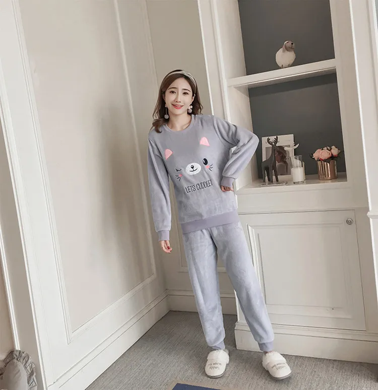 Women Pajama Sets Autumn Winter Pajamas Flannel Cartoon Thick Warm Women Sleepwear Cute Animal Female Homewear