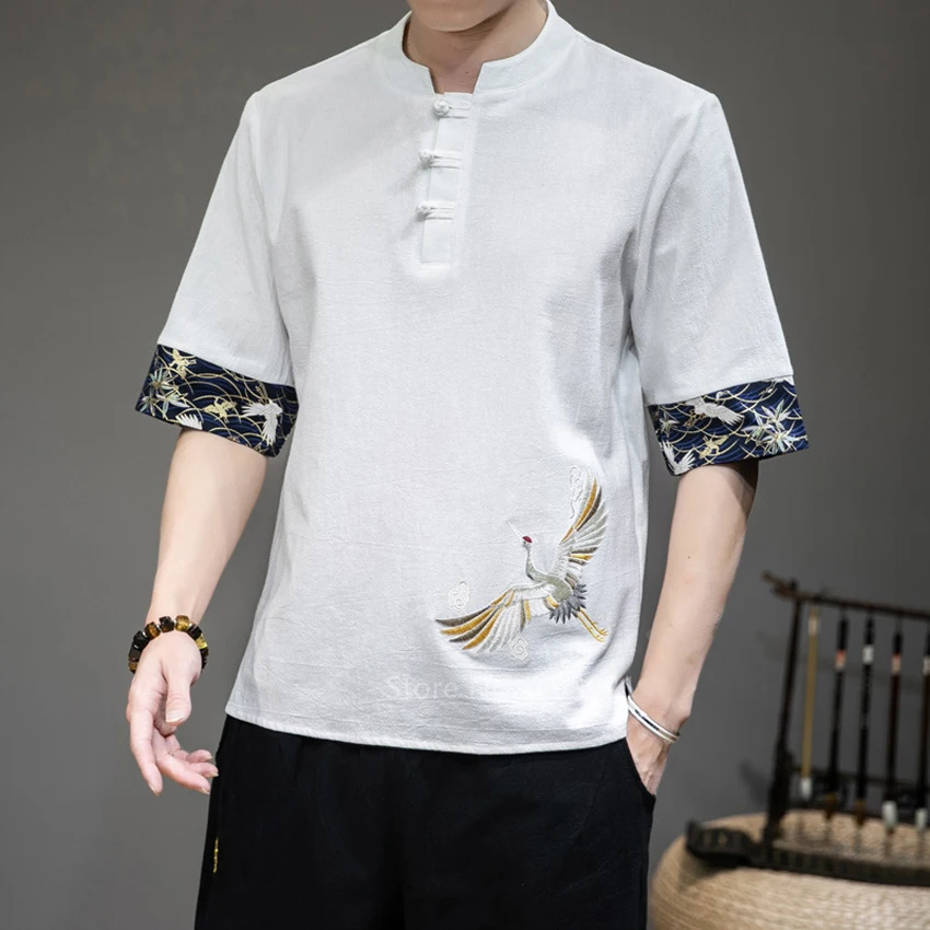Chinese Traditional Linen Clothes Summer Men Crane Embroidery Print Patchwork Harajuku Asian Fashion Casual Streetwear Top Shirt