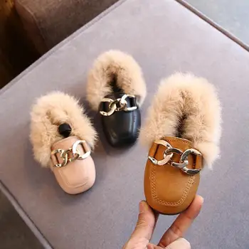 

New Girls Leather Shoes With Thick Cotton Fashion Soft Warm Kids Snow Shoes Children Loafers For Toddlers Girls Size 21-30