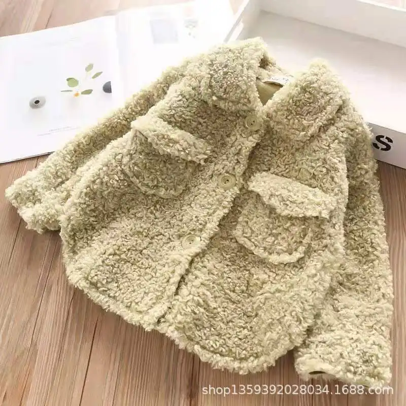 Детское пальто из овечьей шерсти для девочек Новинка г. Зимние однотонные куртки с длинными рукавами Свободная теплая верхняя одежда для детей от 2 до 7 лет, корейская детская одежда