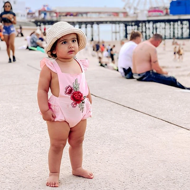 

Rose embroidery Baby Girl Bodysuit 2020 Summer Ruffle Body for Baby Backless Kids Girl One Piece Sleeveless Toddler Clothing H50