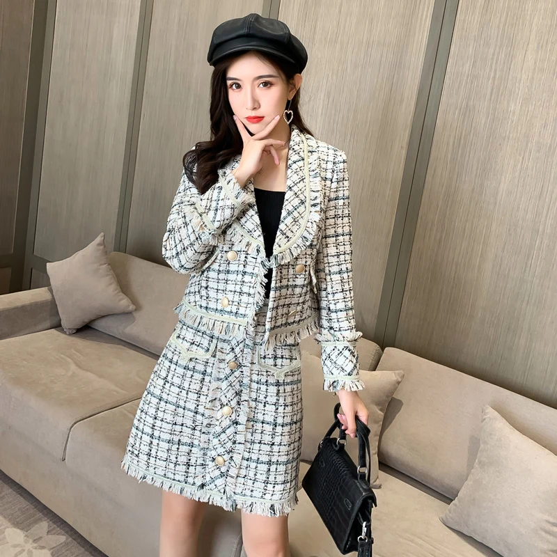 Suits Women Runway Designer Elegant Office Ladies Formal Tweed Blazer Short Jacket Coat Mini Skirt 2 Piece Set Suit Outfit |