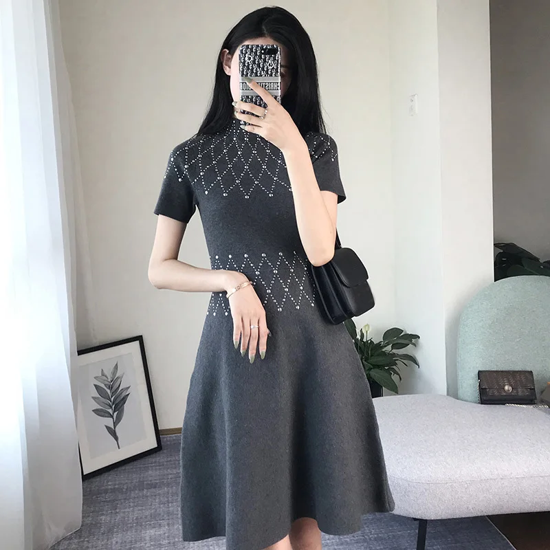 

Women Dress Elegant Bodycon Zippers Knitted Hot Sequins Vestido Turtleneck Short Sleeve Robe Runway Pullovers Office Lady