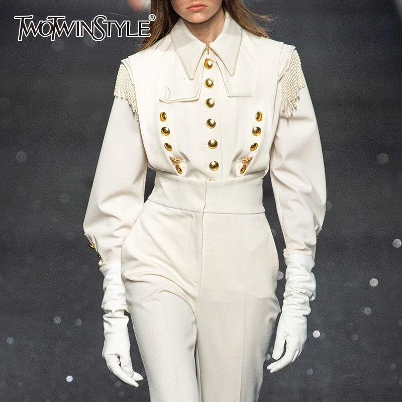 Женская блузка с заклепками TWOTWINSTYLE осенняя белая винтажная рубашка отложным