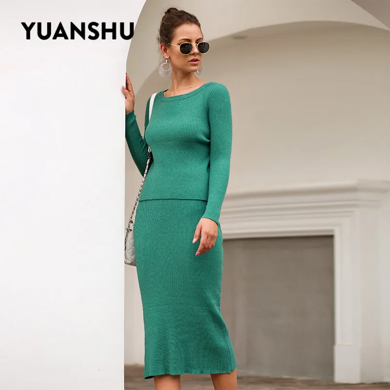 

YUANSHU Autumn Knitted 2 Piece Set Women Long Sleeve O Neck Sweater Elastic Waist knitted Skirt Female Sweater Suit