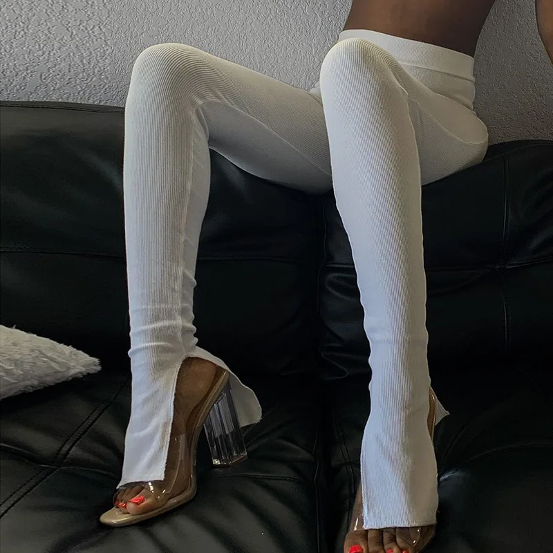 

2020 Ribbed Knitted High Waisted Sweat Pants for Women Sexy Stretch Side Slit Flare Pants Joggers Mujer