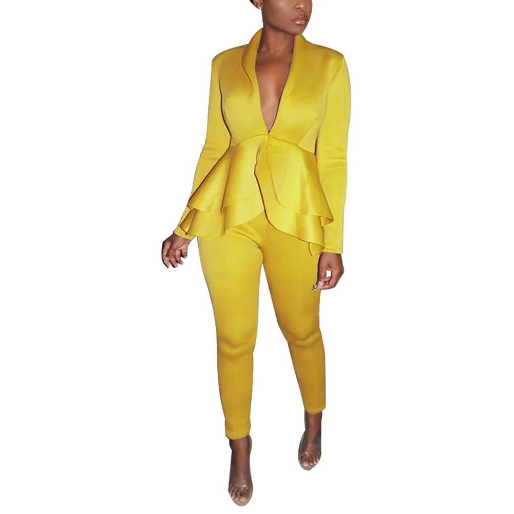 

Women Blazer Suit Solid Color Outfits Long Sleeve V-neck Layered Ruffle Hem Tops Ankle-length Pants Formal Suit Womens Clothing