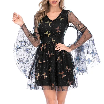 

Cocktail Dresses 2020 Short Sexy Mesh See-Through Sequins Patchwork Women Summer Butterfly Pattern Sweet Party Dress