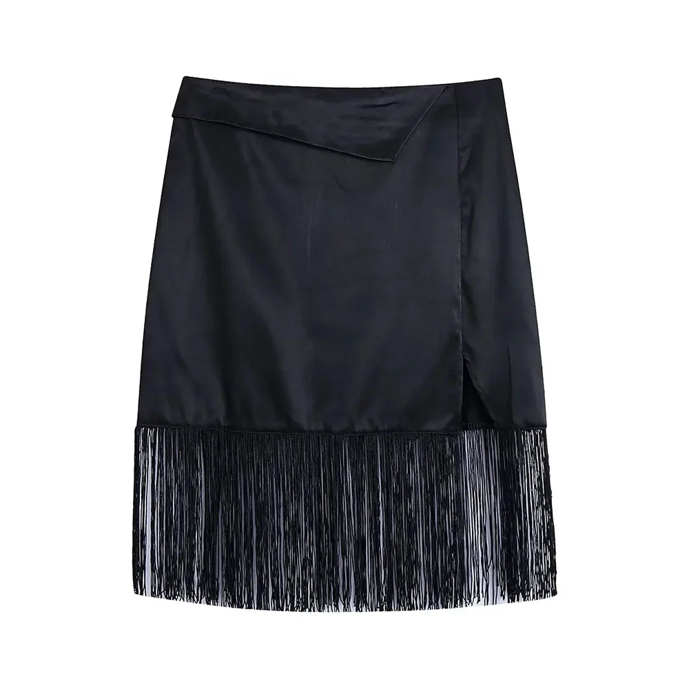 

XEASY 2021 Summer Satin Black Women Vintage Casual Skirt Female Fashion Streetwear Slim Tassel Hight Waist Mini Skirt Bottoms