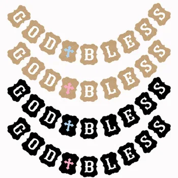 

1 Set Christening Easter God Bless Cross Kraft Paper Banner Garland Bunting Boy Girl Baptism First Holy Party Decoration