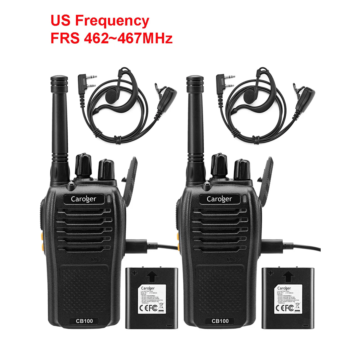 2PCS Caroger FRS 462MHz 16/22 Channels VOX LED light SOS Alarm Business Walkie Talkies Handheld 2 Way Radio USB Charger earphone - Color: US Black