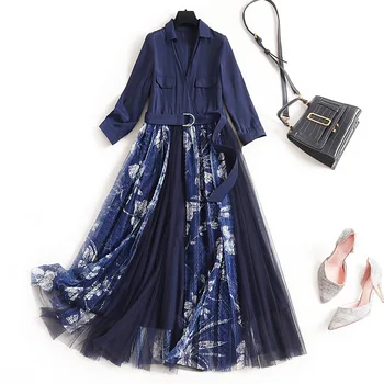 

Women fit and flare dress new 2020 spring summer turn down collar sashes patchwork color block striped plus size mesh dresses