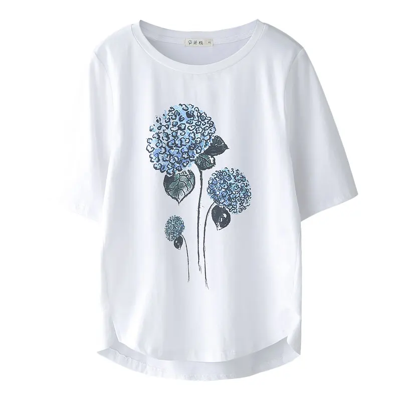 Хлопковая белая женская футболка с цветочным принтом 4XL modis, летний топ с коротким рукавом и графическим принтом, футболка с круглым вырезом, свободная женская футболка