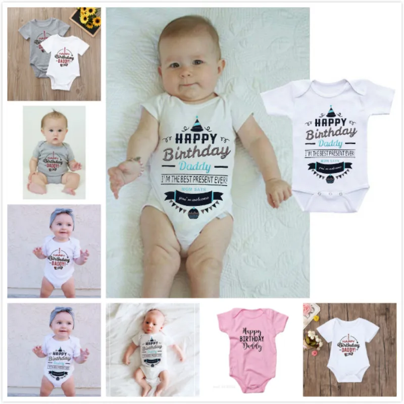 

Newborn Baby Boys Girl Onesie Bodysuit Happy Birthday Daddy Print Toddler Short Sleeve Romper Summer Infant Baby Clothes Outfits