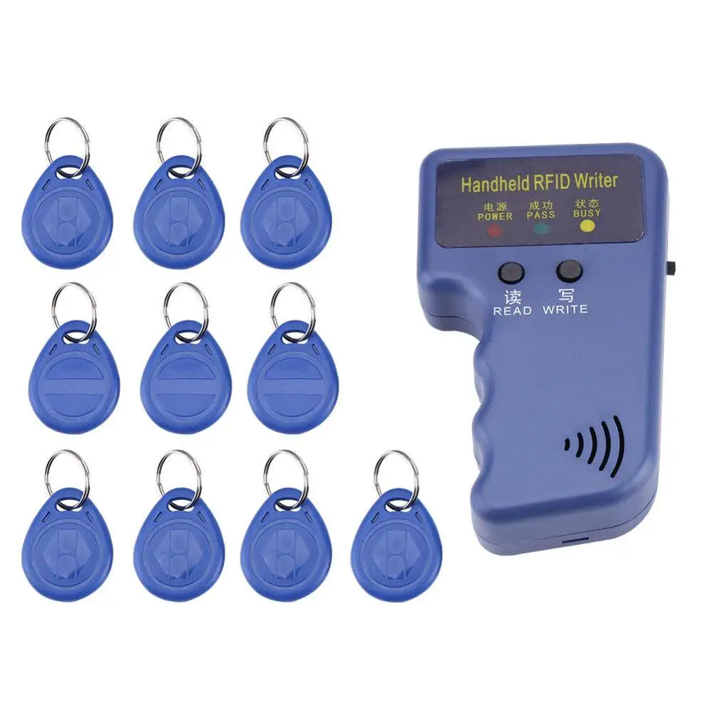 

125KHz Handheld RFID Writer Copier Reader Duplicator Machine With 10Pcs T5577 Writalbe ID Tags Keyfob Token Tag RFID