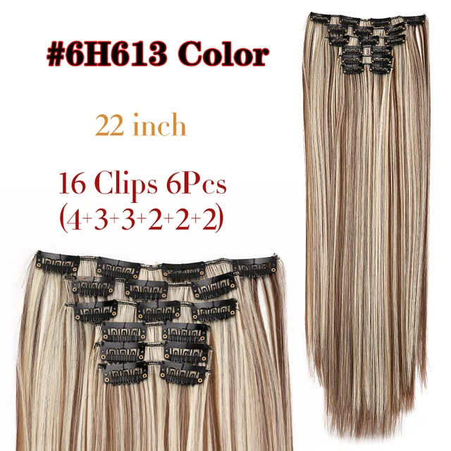 Synthetic 6H/613# Clip In On Hair Extensions 6Pcs/Set 16 Clips Hair Extension Full Head 55Cm Straight Synthetic Fiber Hairpieces 6H613