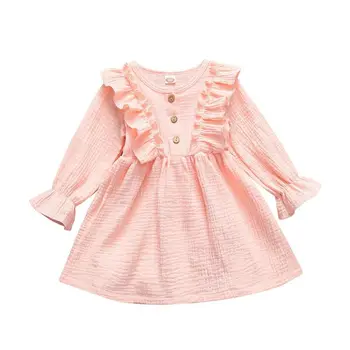 

1-6Y Toddler Kids Baby Girl Autumn Dress Ruffles Long Sleeve Solid Cotton Linen Party Casual Dress Clothes