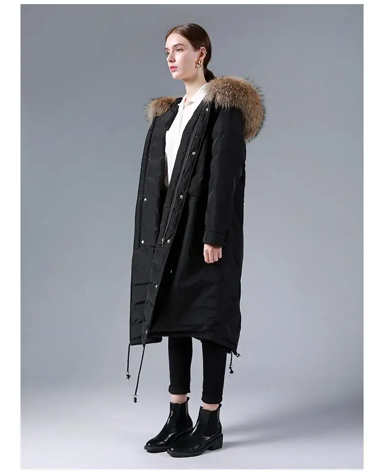 Grande vraie fourrure de raton laveur naturelle hiver veste manteau femmes canard doudoune e paisse chaude femme veste longue grande задняя парка