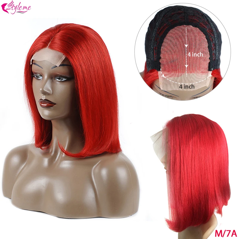 

Styleme Short Red Human Hair Wig Burgundy Short Bob Straight Wig 4*4 10-16 Middle Ratio Short Brazilian Lace Wig 150% Non-Remy