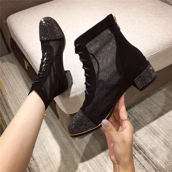 

Fashion Summer Lace Up Ankle Sandals Boots Bling Crystal Block High Heels Women Mesh Hollow Short Boots Lady Gladiators Shoes