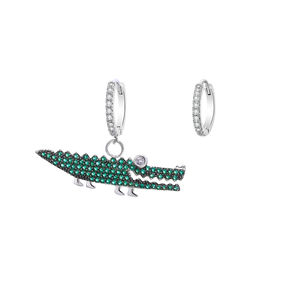 Женские серьги с зеленым кубическим цирконием и большим крокодиловым животным, вечерние, подарок, винтажные золотые и серебряные серьги-капли, модное ювелирное изделие - Окраска металла: Silver