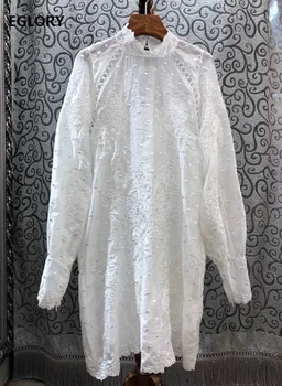 

Top Quality Dress 2020 Spring Summer Party Luxurious Women Tunic Butterfly Embroidery Long Sleeve White Blue Dress Silk Cotton