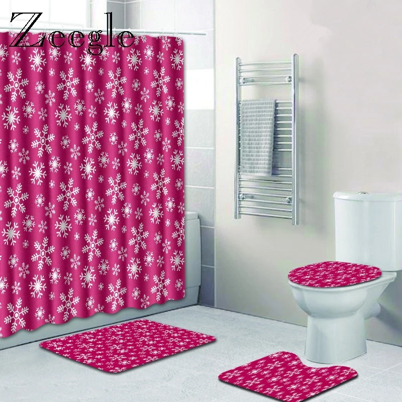 Zeegle Bathroom Curtain and Bath Mat Set Anti Slip Bathroom Shower Mat Absorbent Toilet Pedestal Rug Foot Mat 4pcs Toilet Set