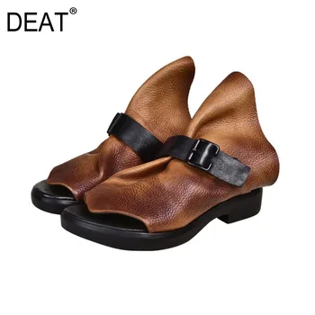 

[DEAT] 2020 New Spring Summer Round Toe Belt Buckle Hit Color Genuine Leather Retro Flat Slippers Women Shoes Fashion 10G999
