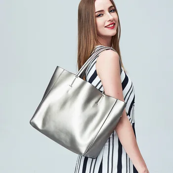 

Women Luxury Bag Casual Tote Female Sliver Color Fashion Shoulder Handbag Lady Cowhide Genuine Leather Shoulder Shopping Bag