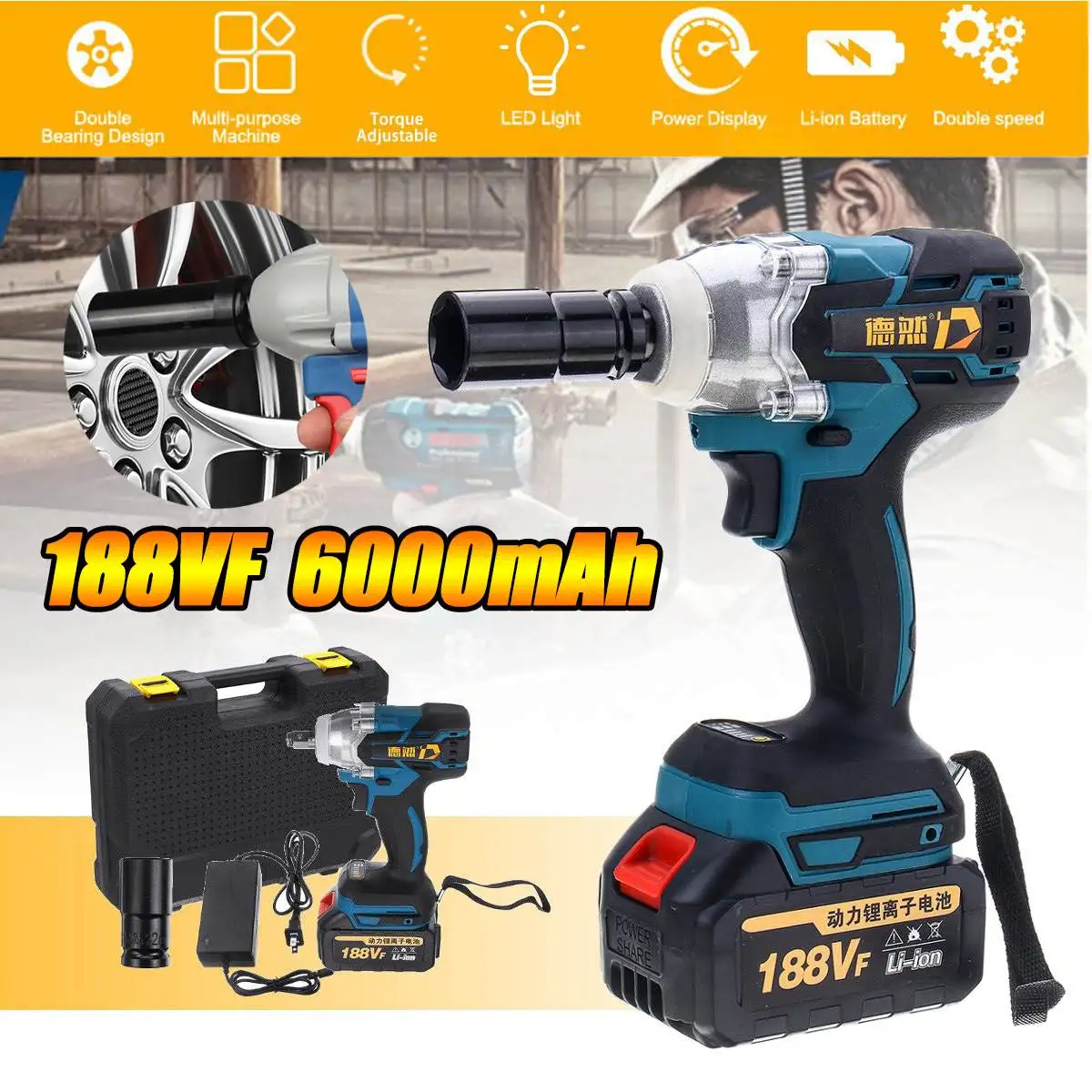 

188VF 6000mAh 380N.m Lithium-Ion Battery Electric Cordless Impact Wrench Drill Driver Kit Tools
