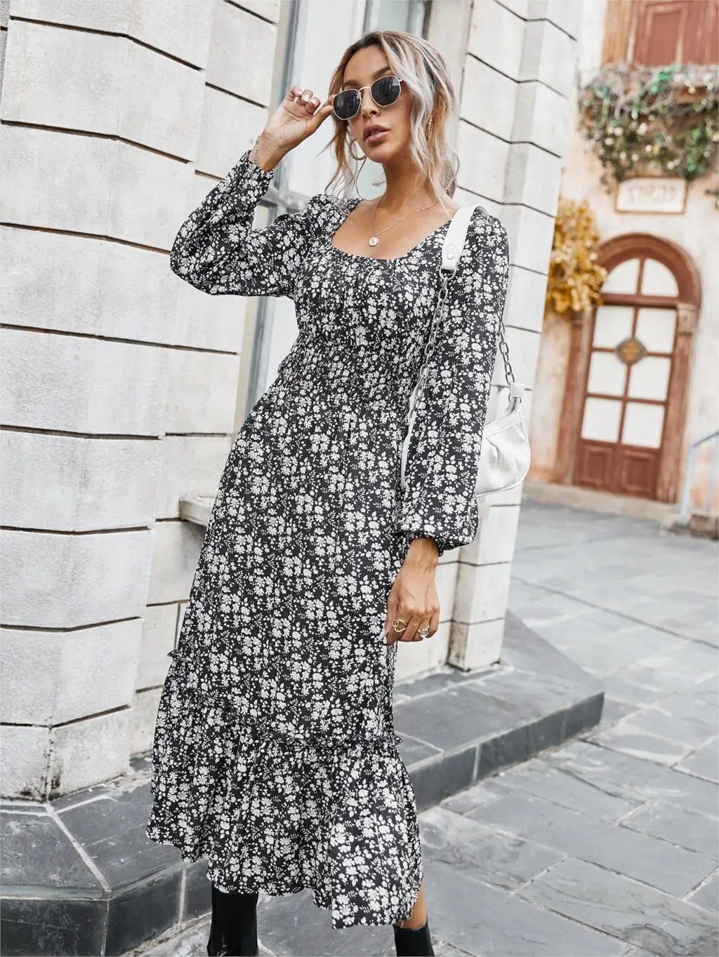 Chifirena Elegant Party Mid-Length Vintage Autumn Dress Women Square Collar Floral Print Ruffles Casual Dresses Minie Vestidos