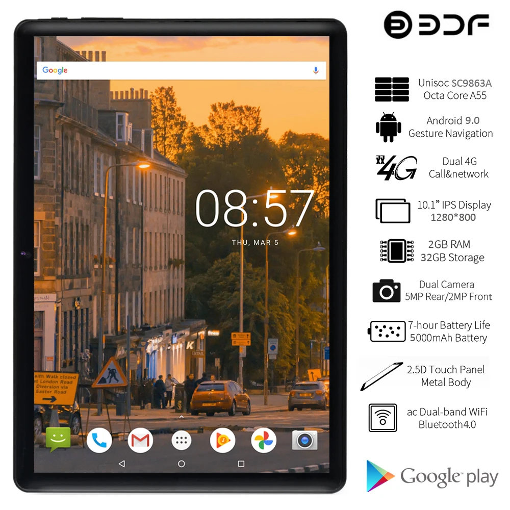 BDF-tableta Pc de 10 pulgadas, Android 2021, ocho núcleos, 2GB/32GB, 4G, llamada telefónica LTE, GPS, Google Play, x 1280 9,0, IPS, 800, novedad de 10,1