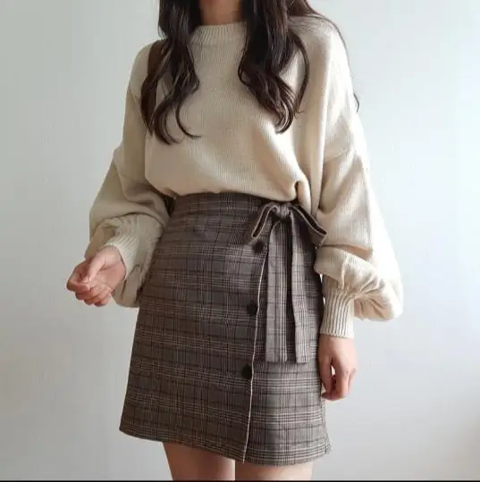 

Autumn Winter Skirt Women 2019 England Style Vintage Plaid Bow Slim High Waist A Line Mini Skirt Gray Khaki saia feminina E933