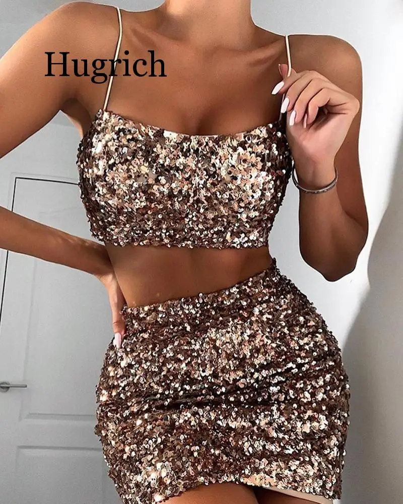 

2020 Sequins Spaghetti Strap Crop Top Skirt Sets Fashion sexy sequin suspender suit skirt