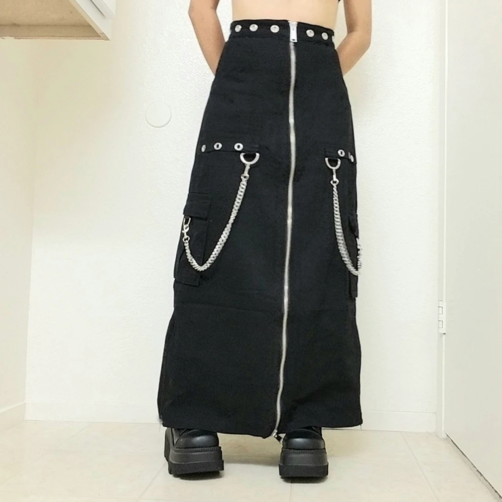 Punk Black Goth Midi Cargo Skirt With Chain Women Y2k Grunge Skater Zipper Emo Alt Outwear 00s 90s Streetwear E Girl Outfits Skirts Aliexpress