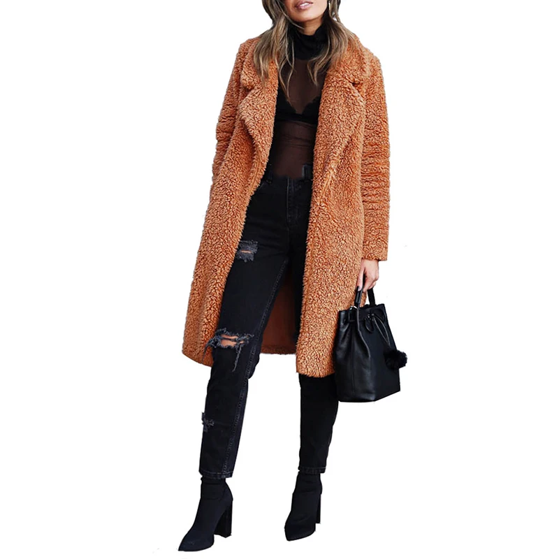 

Women Long Plush Jackets Sexy Thicken Long Sleeve Overcoats Plus Size 2019 Female Winter Warm Turn Down Collar Jacket Coats