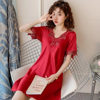 

Women Causal Sleepwear Sexy Ladies Nightgown Style Summer Women's Short Sleeve Sleepwear Home Wear V- Neck Silk Nightshirt