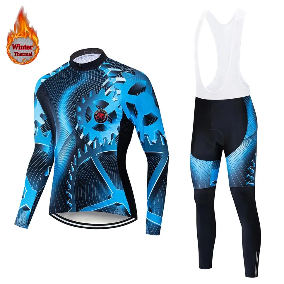 Красный teleyi gear team Велоспорт Джерси набор с длинным рукавом Зимний теплый флис Ropa Ciclismo мужская спортивная одежда для велоспорта - Цвет: Красный