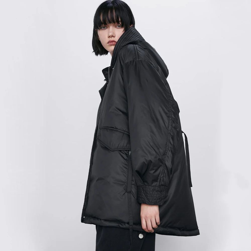 Ladyfirsy ZA хлопковые пальто зимние женские простые черные с капюшоном утепленные модные куртки на молнии Женская хлопковая верхняя одежда