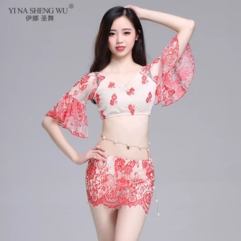 

Women Lady Belly Dance Costume 2pcs Set Sexy Dance Practice Clothes Adult Lace Trumpet Sleeve Dance Suit Top+Short Skirt Wear